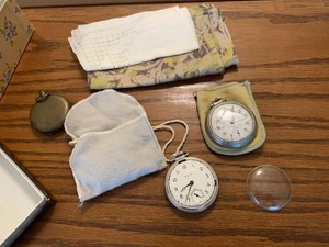 Group Vintage Pocket Clocks Compass and Textiles Mixed Estate Lot