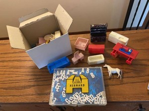 Group Vintage Dollhouse Furniture Animals & Hernard Title Letters