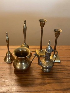Group Vintage Brass Decor Bells Candlesticks Pitcher & Ewer