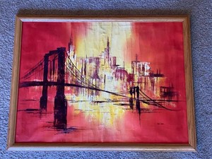 Framed Mid Century Abstract Bridge Cityscape Painting Signed