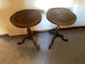 Pair of Vintage Duncan Phyfe Style Leather Top Pedestal Tables