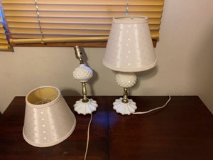 Vintage White Milk Glass Hobnail Table Lamps With Shades Pair