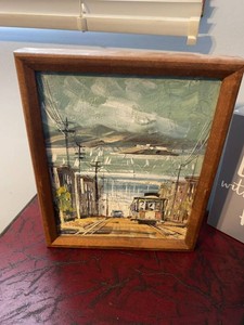 Signed Framed Original Streetcar Cityscape Painting Approx. 9x11