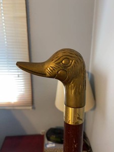 Group Brass Duck Head Cane & Wooden Walking Stick Pair Vintage