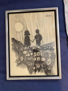 Signed Vintage Aldo Luongo Print Holding Hands Framed Black & White Children Silhouette Print 18x14 Vintage