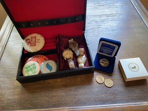 Group Vintage Watches Pins & Canada Centennial Coins in Display Boxes