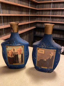 Pair of Blue Marbled Decorative Bottles w American Gothic Art Labels