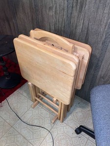 Set of 4 Folding Wood TV Tray Tables With Storage Stand Natural