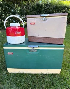 Vintage Coleman Cooler Group Metal Ice Chests & Water Jug Camping