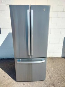 Stainless steel GE French door bottom-freezer refrigerator