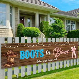 Boots or Bows Yard Banner  5.9 X 1.3 Ft Cowboy or Cowgirl Gender Reveal Decorations, Boots and Bows Gender Reveal Decorations Backdrop, Western Decor
