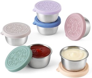 VITEVER 6 Pack Salad Dressing Container To Go, 1.6 oz Small Condiment Containers with Lids, Reusable Stainless Steel Sauce Cups , Leakproof Silicone Lids for Lunch Bento Box, Picnic and Travel