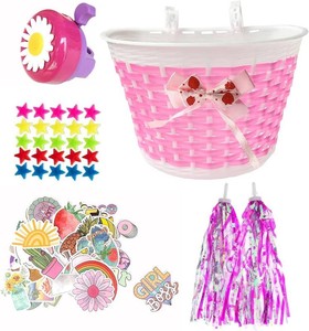 Kids Bike Decorations Accessories,Bicycle Scooter Basket, Children Bicycle Bell,Bike Handle Streamers and Stickers, Bike Star Spoke Decoration Set for Girls Boys