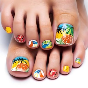 Press on Toenails Short Square OFDNE Fruit Press on Nails Toes Cute Tropical Press on Toe Nails with Orange Designs Glossy Glue on Toenails Acrylic Toenails for Women Girls 24Pcs