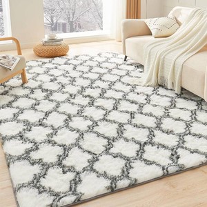 $47 Litanika 5x8 Geometric Shag Area Rug, White and Grey Plush Rug