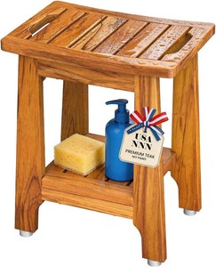 $60 NNN 14 Compact Teak Shower Stool with Japan-Made Non-Slip Leveling Feet