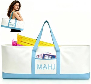 $43 Large American Mahjong Canvas Carry Bag, 33.4 x 13.7 x 4.7 Inches Spacious Mahjong Bag for Tiles, Racks, Game Mats & Gaming Accessories, Portable Travel Organizer Gift for Mahjong Players (Blue)