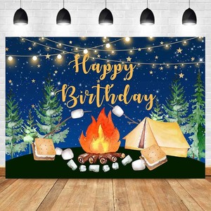 Sensfun Camping Birthday Backdrop Campfire Happy Camper Birthday Decorations Forest SMores Camping Adventure Birthday Party Photography Background Vinyl Cake Table Banner Supplies 7x5ft Multi