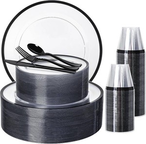 $76 N9R 600PCS Clear Black Plastic Plates, Disposable Dinnerware Set for Party
