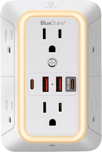 $28 Surge Protector Outlet Extender, 6 Outlets & 4 USB Ports with Fast Charging Type C PD 20W, Night Light, 3-Sided Power Strip, Multi Plug Wall Charger for Home, Office, Travel, Cruise Ship