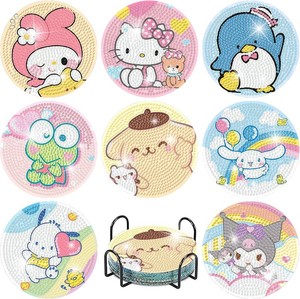 8Pcs Diamond Art Painting Coasters with Holder,DIY Cartoon Life Coaster Diamond Art Kits for Adults Kids,Beginners Round Full Drill Diamonds Art Craft Supplies
