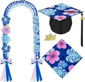 Dunzoom 11 Pcs Blue Cartoon Hawaii Graduation Ribbon Lei with Grad Cap Class of 2026 Monstera Hawaiian Flower Graduation Lei Floral Hat for Graduate Gifts Grad Celebration Party Supplies