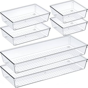 $25 Criusia 6 Pcs Large Size Clear Drawer Organizer Set, Acrylic Non Slip Non Cracking Kitchen Drawer Storage Tray Divider, Multifunctional Storage for Cosmetics, Bathroom, Tools, Kitchen and Office