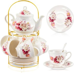 $56 Zhehao 20 Pcs Porcelain Tea Set for Adult, with Metal Holder, Grace