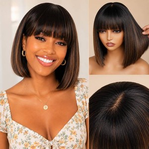$54 YUELAN Bob Wig Human Hair with Bangs 1B30 Color Glueless Highlight Bob Wig with Bangs Short Straight Human Hair Wig for Women Wear and Go Natural Black Brown Highlight Wig 10inch