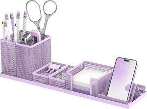 Pen Holder for Desk, 6-Piece Mesh Desk Organizer with Phone Holder, Purple Missing Phone Holder