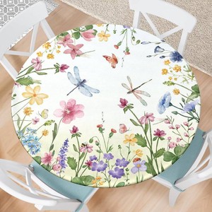 Spring Summer Floral Round Fitted Tablecloth with Elastic Waterproof Outdoor Tablecloth Wipeable Table Cover for Indoor Kitchen Home Party Fits 40-44 Diameter Round Tables