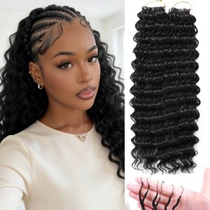 $38 Curly Feather Crochet Hair Human Hair Feeling 100 Roots Pre-Separated miracle knot 18 Inch Deep Wave crochet Hair For Black Women (18 Inch-100 Roots, 1B#)