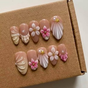 MAGLFELL Press On Nails Medium Length Almond Shape False Nails, Handmade Acrylic Gel Fake Nails with Art Designs, Reusable 10 Pcs 3D Nails for Women DIY Manicure Kit (Size L)
