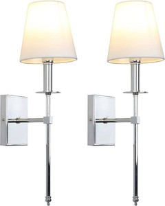 $116 PERMO Set of 2 Classic Rustic Industrial Wall Sconce Lighting Fixture with Flared White Textile Lamp Shade and Chrome Tapered Column Stand, Hardwired, E26 Base