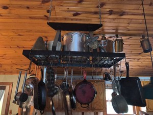Black Ceiling Mounted Metal Hanging Pot and Pan Rack -Lot includes all pots and pans