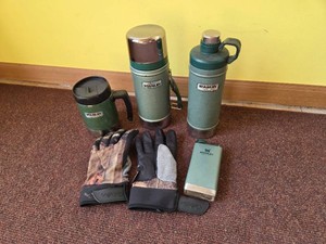 Vintage Stanley Thermoses and Pair of Cabelas Camo Gloves - Lot of 5