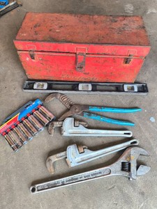 Vintage hand tools, Red Metal Toolbox, Level and Heavy Duty Wrenches & Sockets