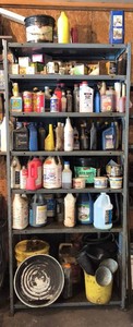 WHOLE Unit of Shelves - Various Household and Automotive Bottles, Jugs, Funnels, Containers