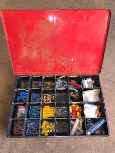 Vintage Red Metal Parts Organizer Box with Assortment of Electrical Accessories