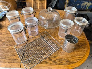 Glass Pedestal Cake Stand with Dome Lid- Set of Plastic Canisters- Silverware Rack- Vintage Crank Flour Sifter- Lot of 10