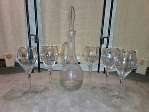 Etched Glass Decanter and 5 Stemware Glasses