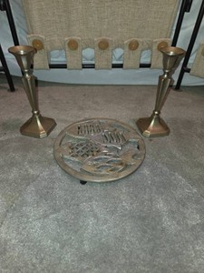 Set of candlesticks and metal trivet