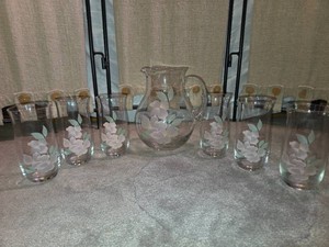 Glass Pitcher and 6 matching cups-Floral design