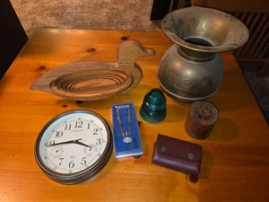 Vintage Brass Spittoon & Pencil Holder, Mechanical Drawing Compass, Wall Clock, Telegraph Insulator, Small Leather Fold Case with Gauges