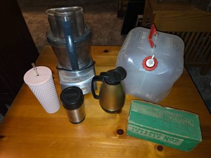 Food Meat Chopper, Coffee Pot & Thermos, Cuisinart Food Processor, Reliance Aqua-Stack 5 Gallon Water Container