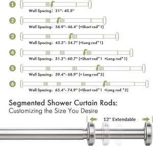 AmazerBath Nickel Spring Tension Shower Curtain Rod 31-75 Inches, 1 Inch Diameter Heavy Duty Tension Rod Rust Proof Bathroom Curtain Rod, Adjustable No Drill Easy Segmented Installation