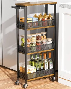 $38 Giwil 4-Tier Slim Rolling Storage Cart for Kitchen Bathroom Organizer, Mobile Narrow Storage Cabinet Utility Cart with Wood Rack on Wheels for Pantry Laundry Small Space