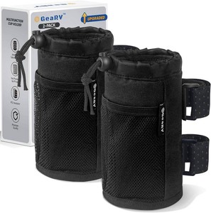 GEARV 2Pack Cup Holder for Bike, Scooter and Wheelchair, Water Bottle Holder for UTVATV, Walker, Golf Cart and Beach, Universal Drink Holder Accessories with Net Pocket and Cord Lock (Black)