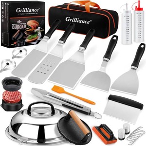 $38 Grilliance 27pcs Griddle Accessories Kit for Blackstone, Professional Hibachi Flat Top Grill Tools, Enlarged Spatula Gift Set with Basting Cover Burger Press Patty Maker for Outdoor BBQ Teppanyaki