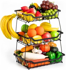 $30 3 Tier Fruit Vegetable Basket for Kitchen, Storage Cart, Vegetable Basket Bins, Countertop Metal Wire Organizer with 2 Detachable Banana Hangers & Bowl - Fruit Basket for Snacks, Bread